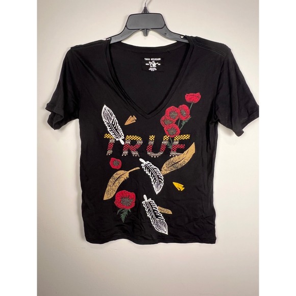 True Religion Tops - True Religion Womens Black V Neck Graphic T-Shirt Red Poppies Feathers Beaded XS